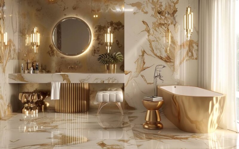 10 inspiracji na urządzenie łazienki w stylu glamour z marmurowymi dodatkami