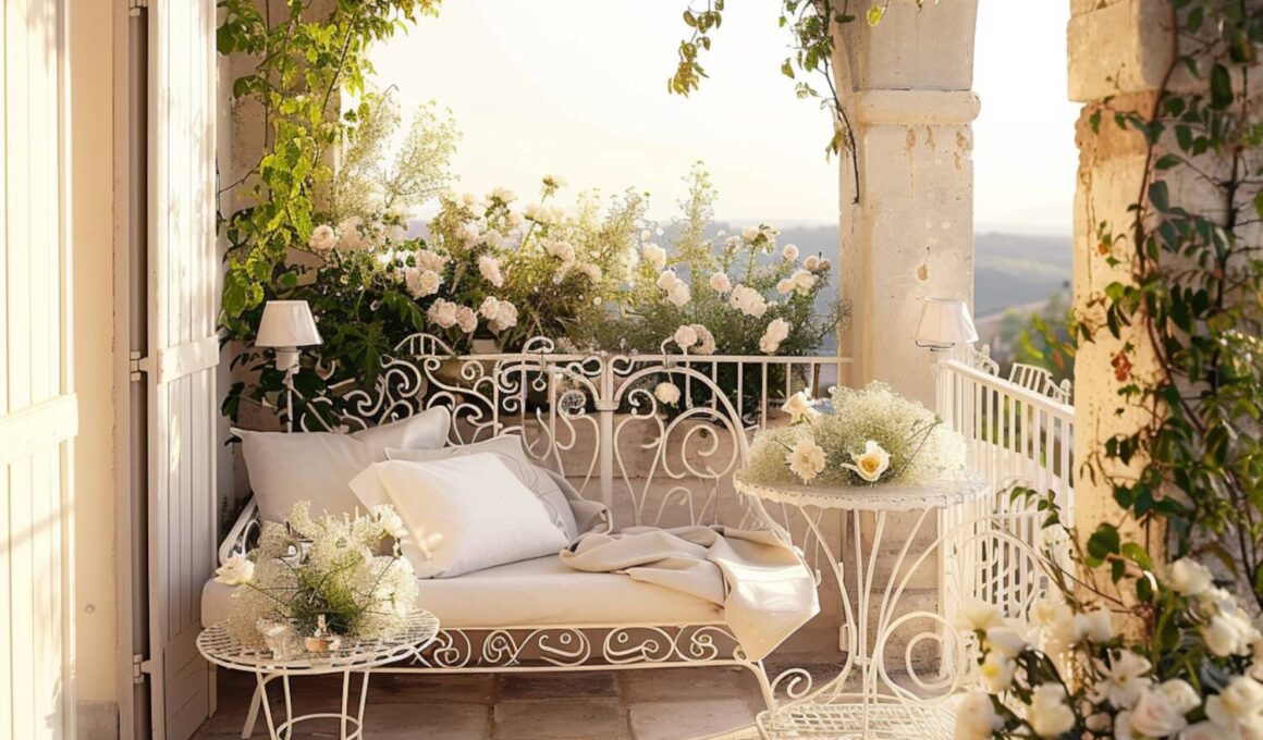 Jak urządzić balkon w stylu prowansalskim z dekoracyjnymi lampami stojącymi