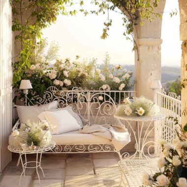 Jak urządzić balkon w stylu prowansalskim z dekoracyjnymi lampami stojącymi