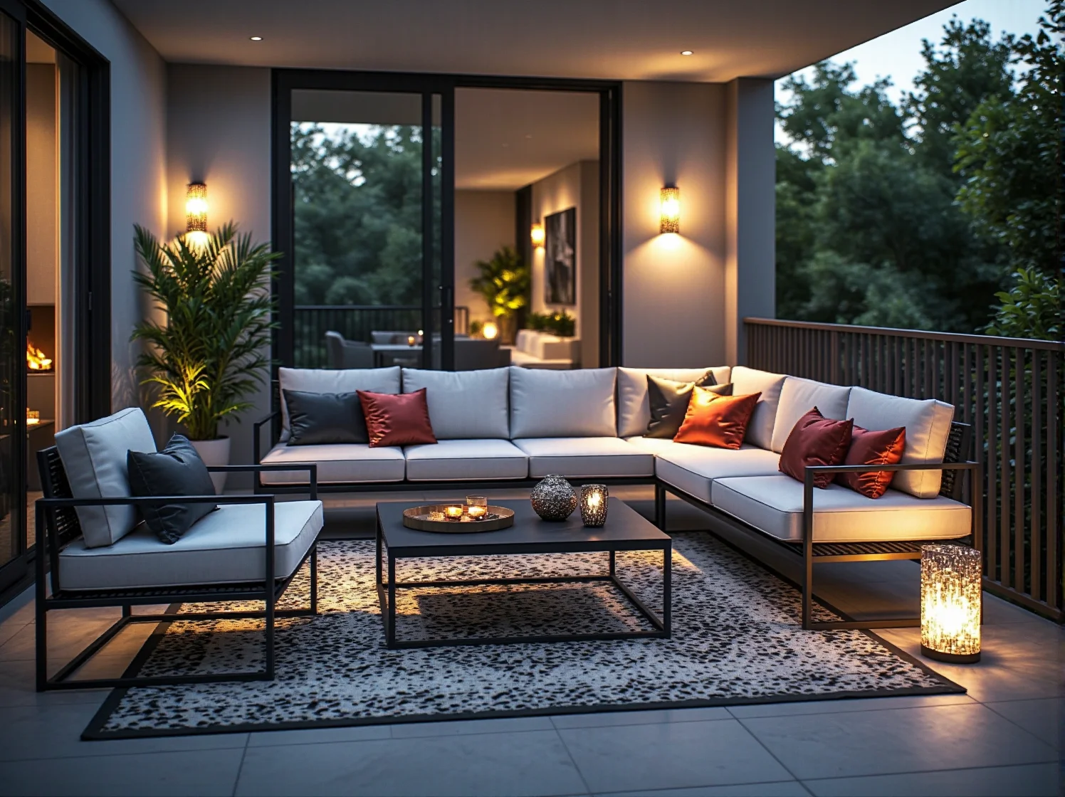 Eleganckie meble i złote dodatki na luksusowym balkonie. Aranżacja w stylu glamour z miękkimi poduszkami i stolikiem.