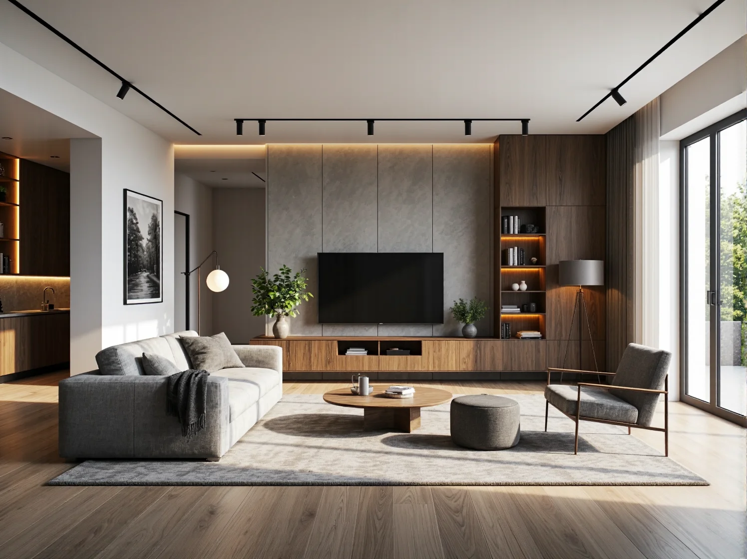 Nowoczesny apartament z dużym łóżkiem kontynentalnym i widokiem na miasto, aranżacja sypialni premium.