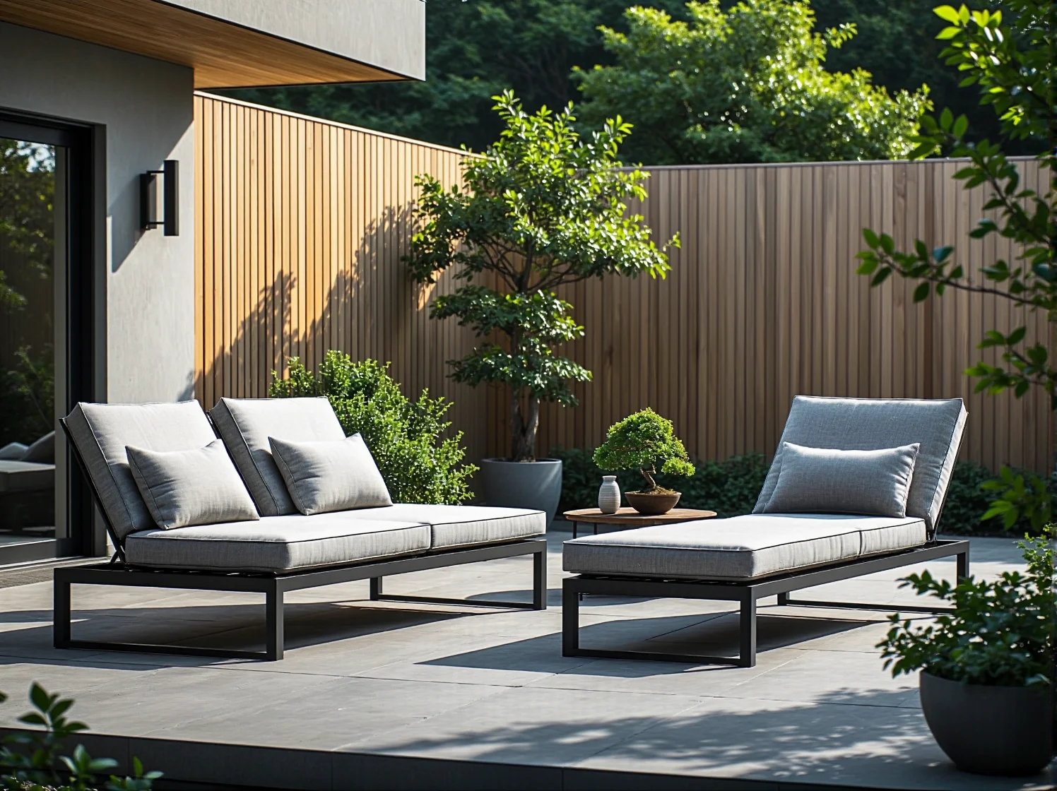 Aranżacja tarasu w stylu japandi z wygodnymi leżakami ogrodowymi i minimalistycznymi dodatkami.