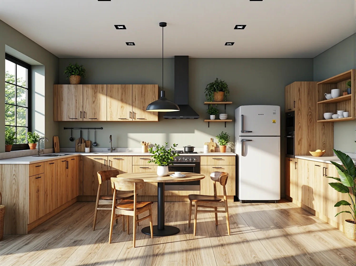 Inspiracje na dodatki boho w industrialnym wnętrzu: makramy, rośliny i drewniane meble w małym mieszkaniu.