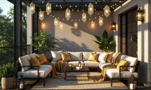 Narożny zestaw wypoczynkowy ogrodowy z kremową tapicerką i metalowym stelażem