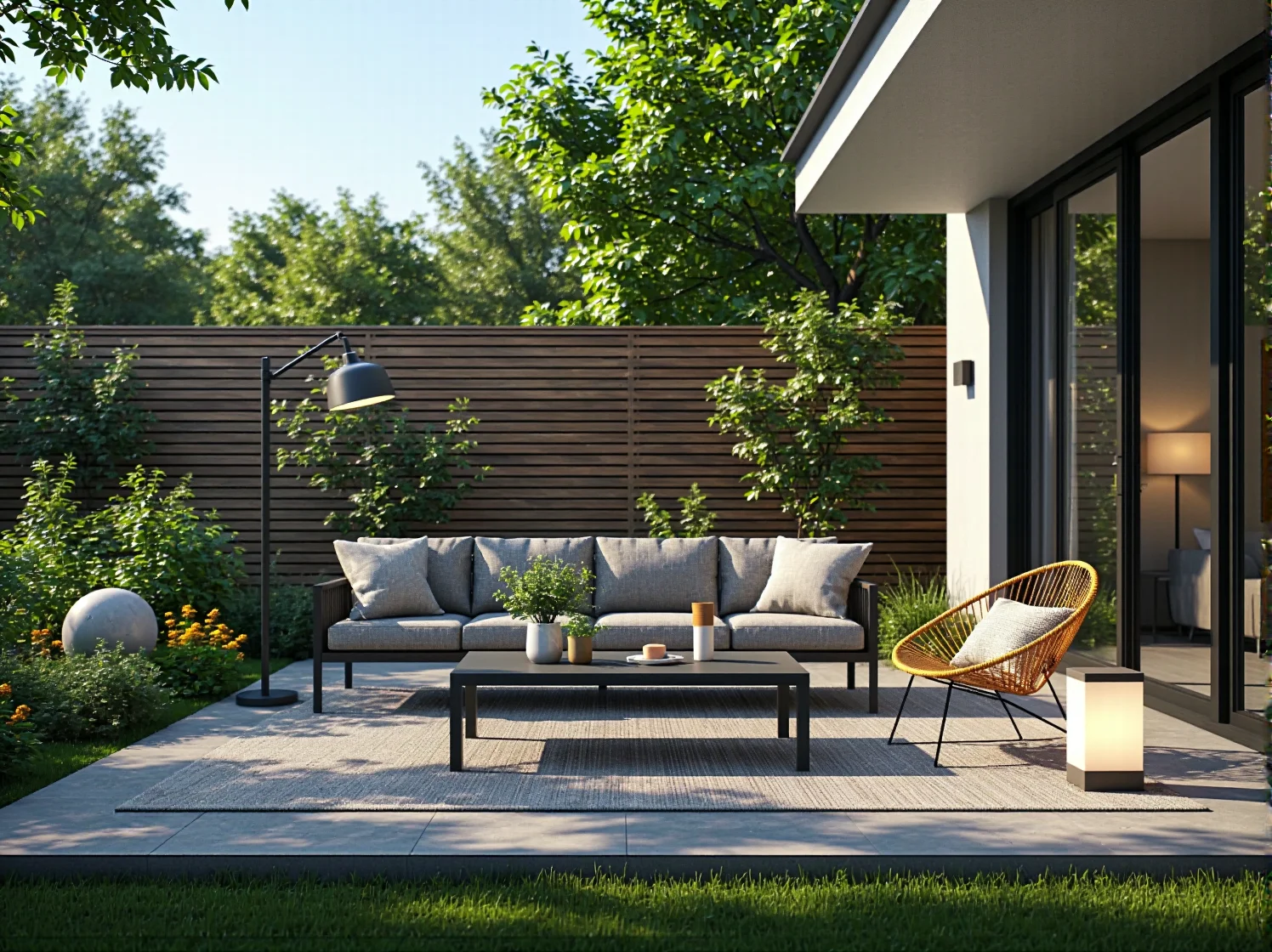 Ciepła barwa światła lamp solarnych przy meblach ogrodowych w strefie wypoczynku.