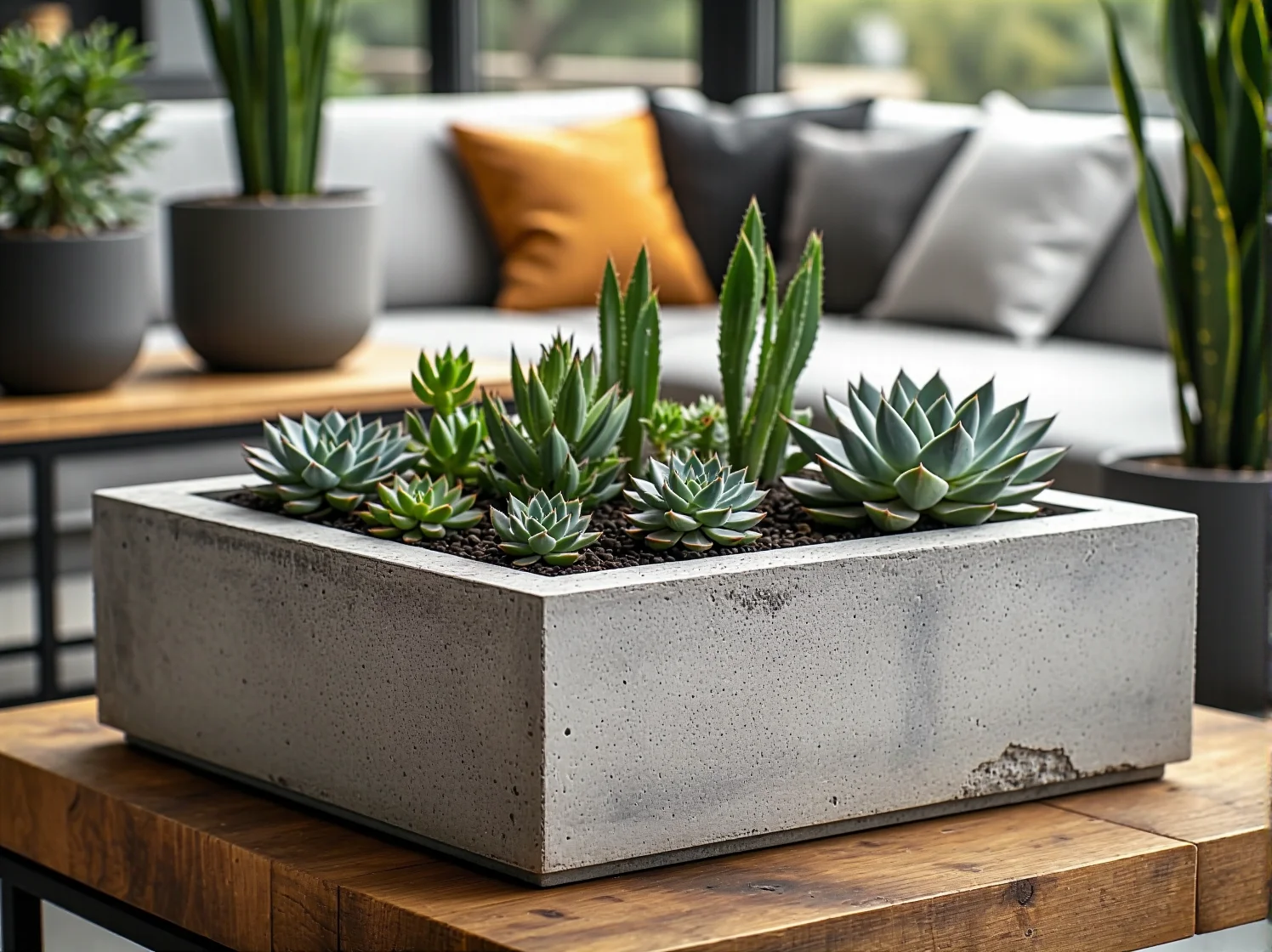 Betonowe donice z roślinami zdobiące taras industrialny i pasujące do nowoczesnych mebli.