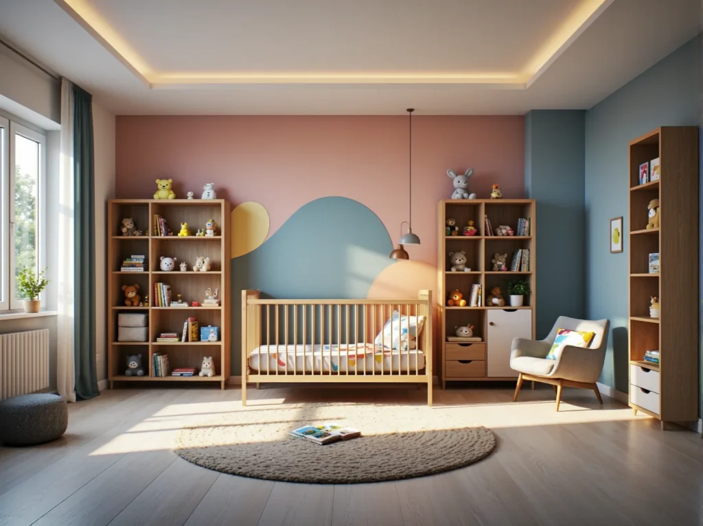 Drewniane łóżeczko dziecięce z regałami na zabawki