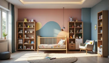 Drewniane łóżeczko dziecięce z regałami na zabawki