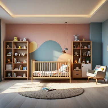 Drewniane łóżeczko dziecięce z regałami na zabawki