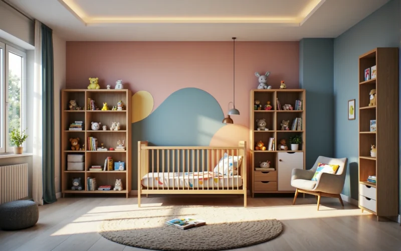 Drewniane łóżeczko dziecięce z regałami na zabawki