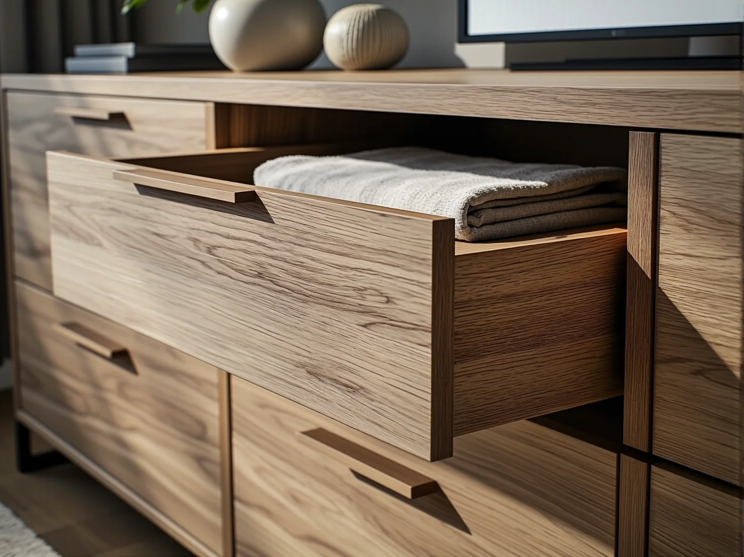 Elegancka drewniana komoda w stylu minimalistycznym do sypialni.