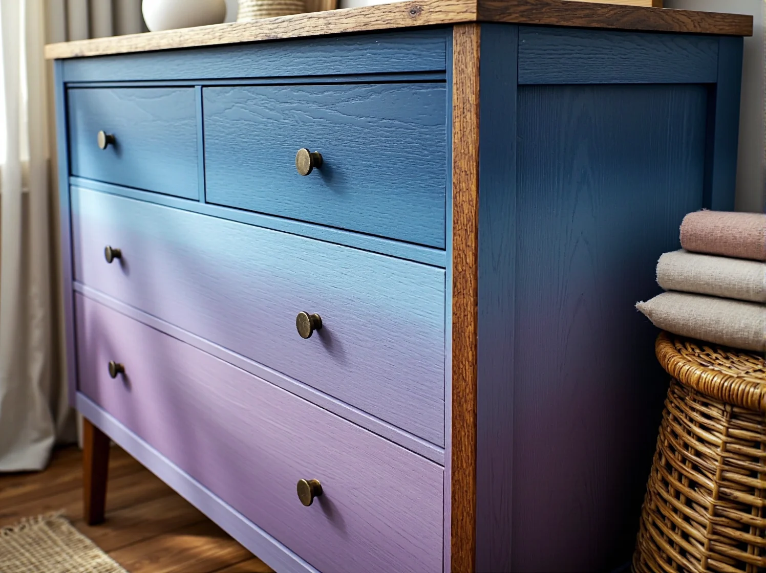 Mieszanie i blendowanie kolorów farby na meblach dla uzyskania idealnego przejścia ombre.