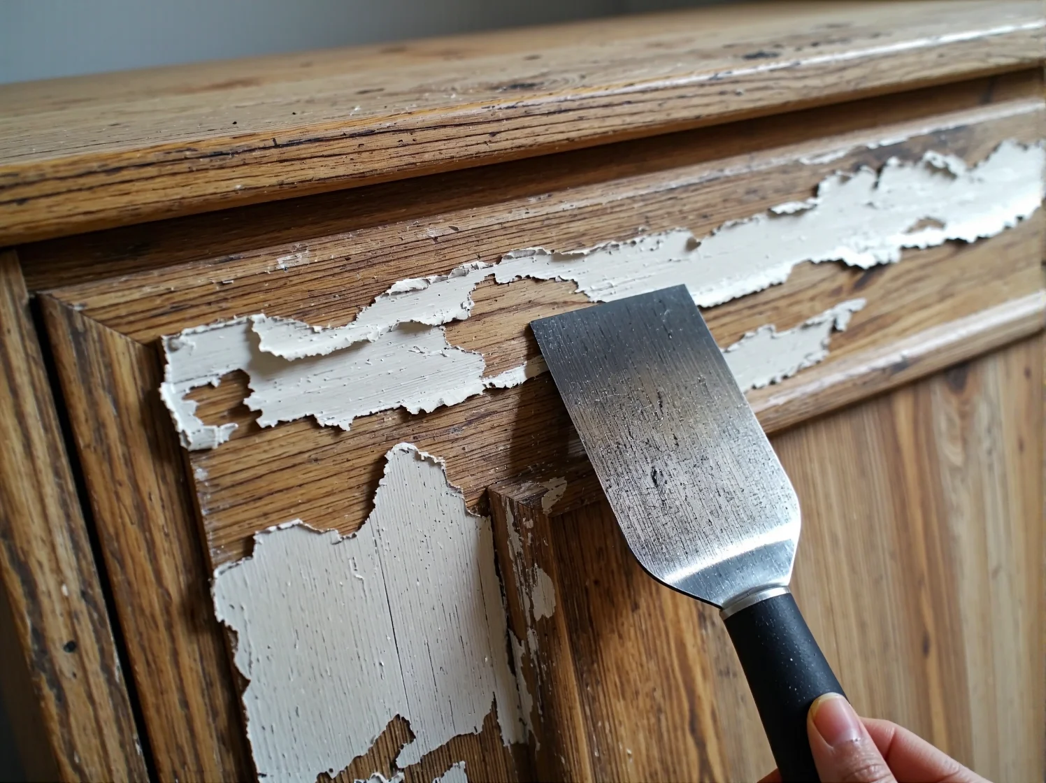 Oczyszczanie skrobaka do drewna z resztek starej farby w celu zachowania wydajności ostrza.