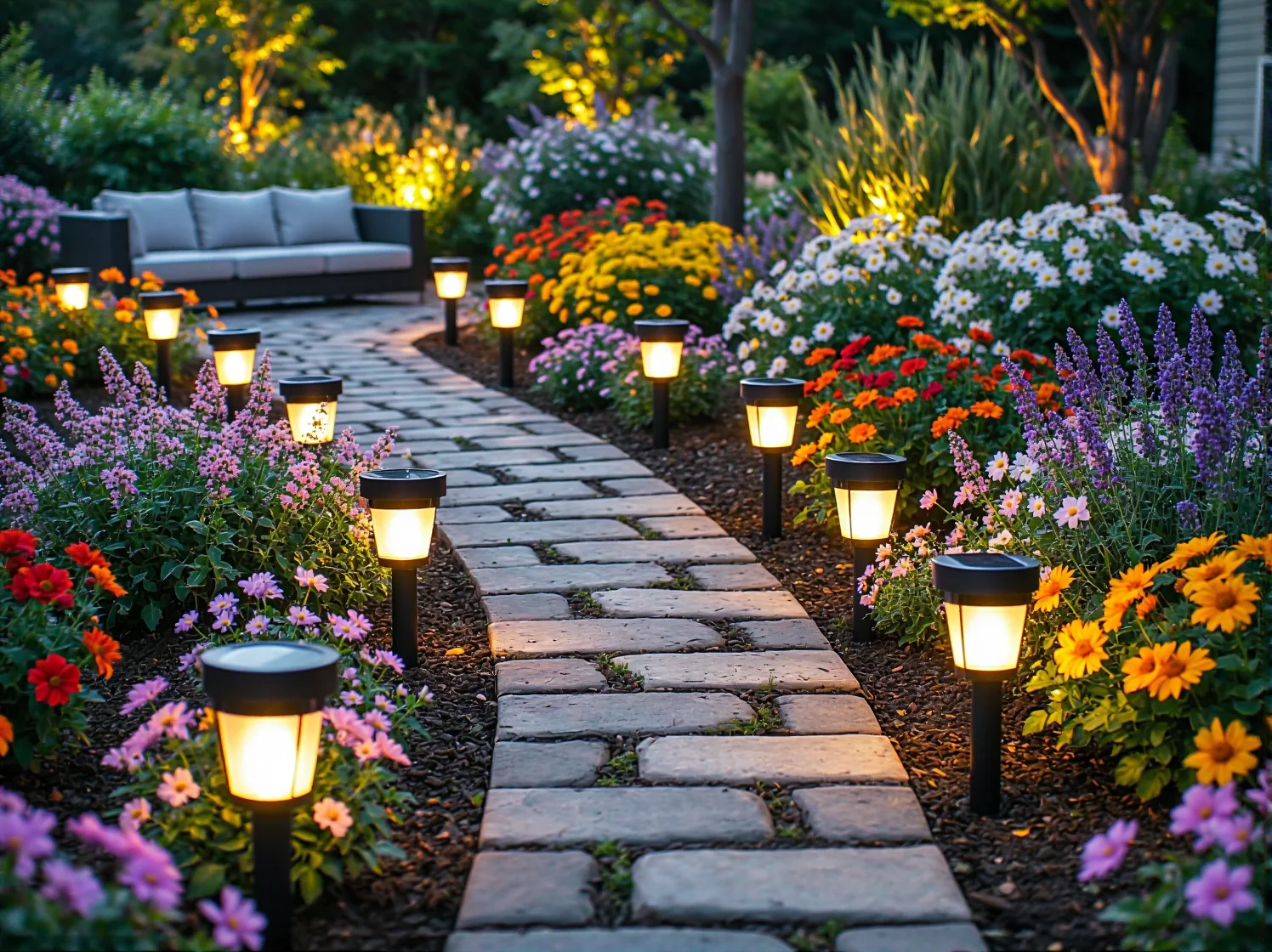 Nowoczesne lampki solarne LED wyeksponowane wśród kolorowych kwiatów w ogrodzie.
