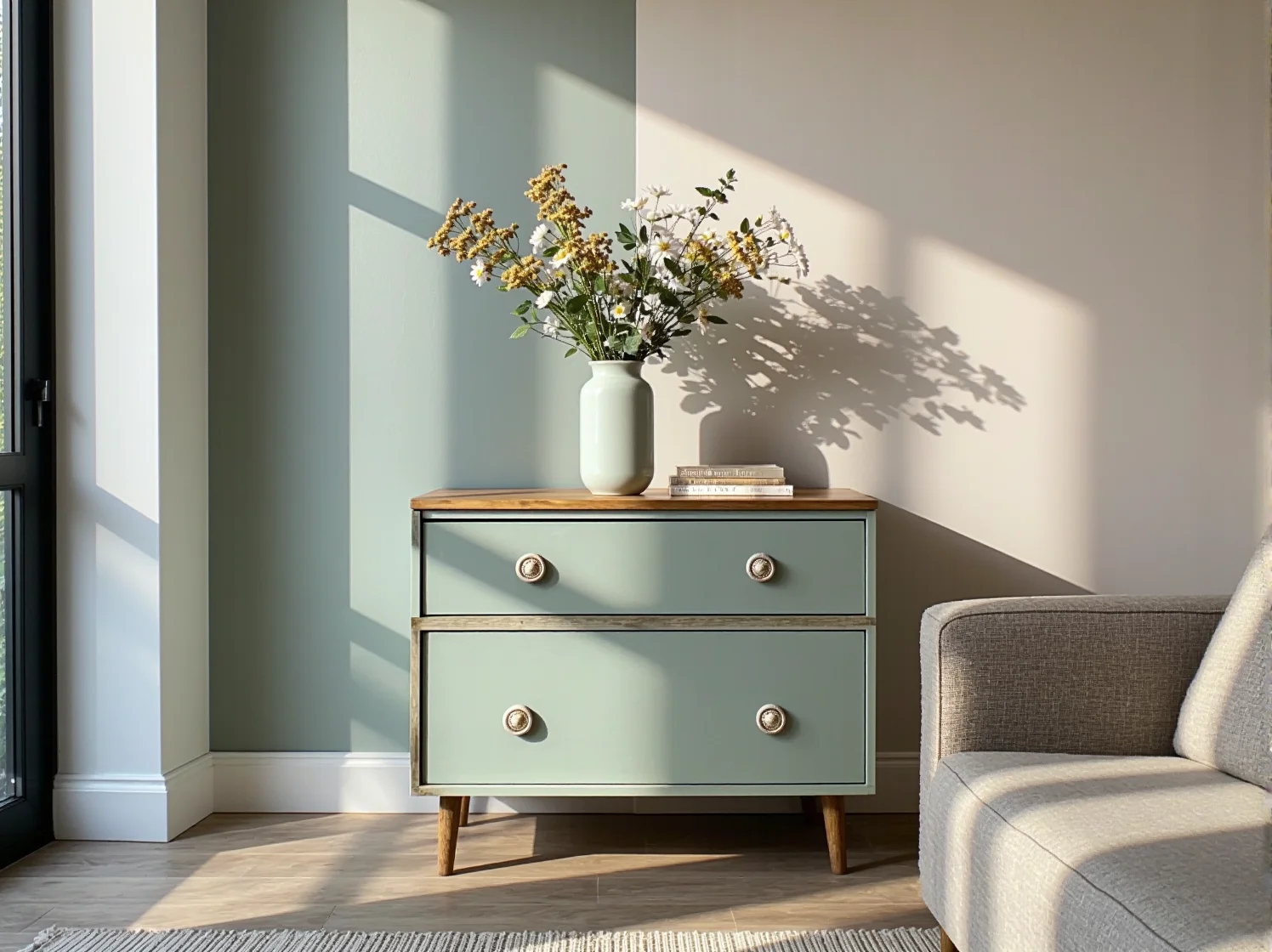 Detale trwałej komody z materiałów ekologicznych podkreślające naturalną strukturę drewna.