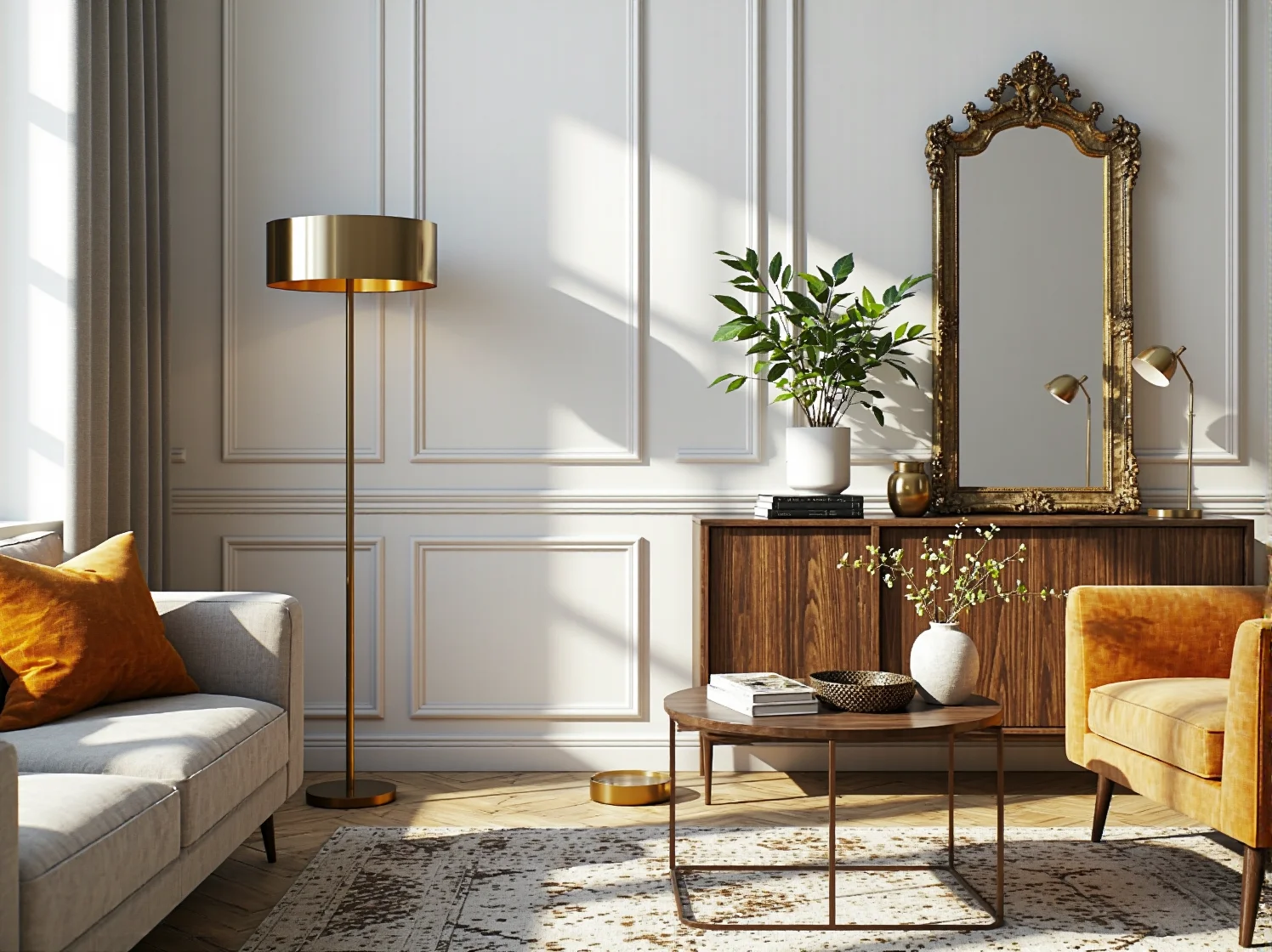 Detale dekoracyjne w stylu retro na toaletce glamour podkreślające luksusowy charakter wnętrza.