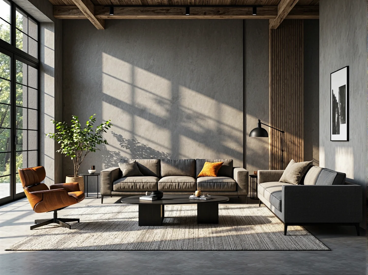 Dodatki z naturalnych materiałów w przedpokoju industrialnym: metalowy wieszak i drewno.