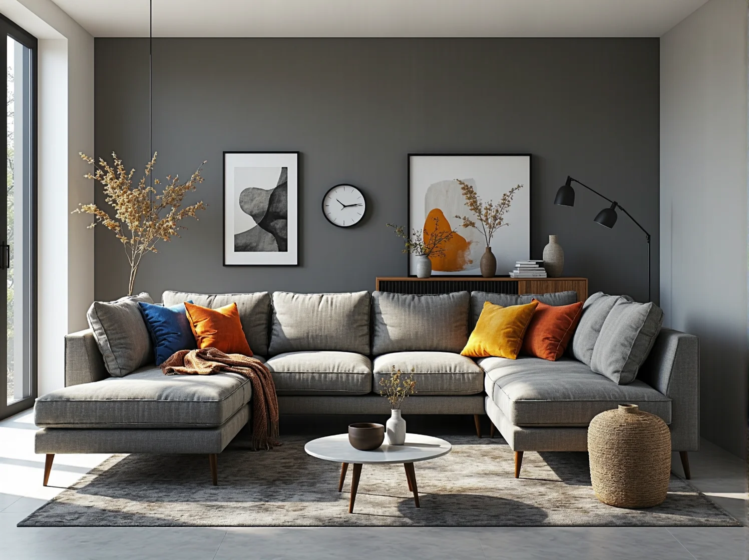 Drewniane meble z palet udekorowane kolorowymi pledami, makramami i roślinami.