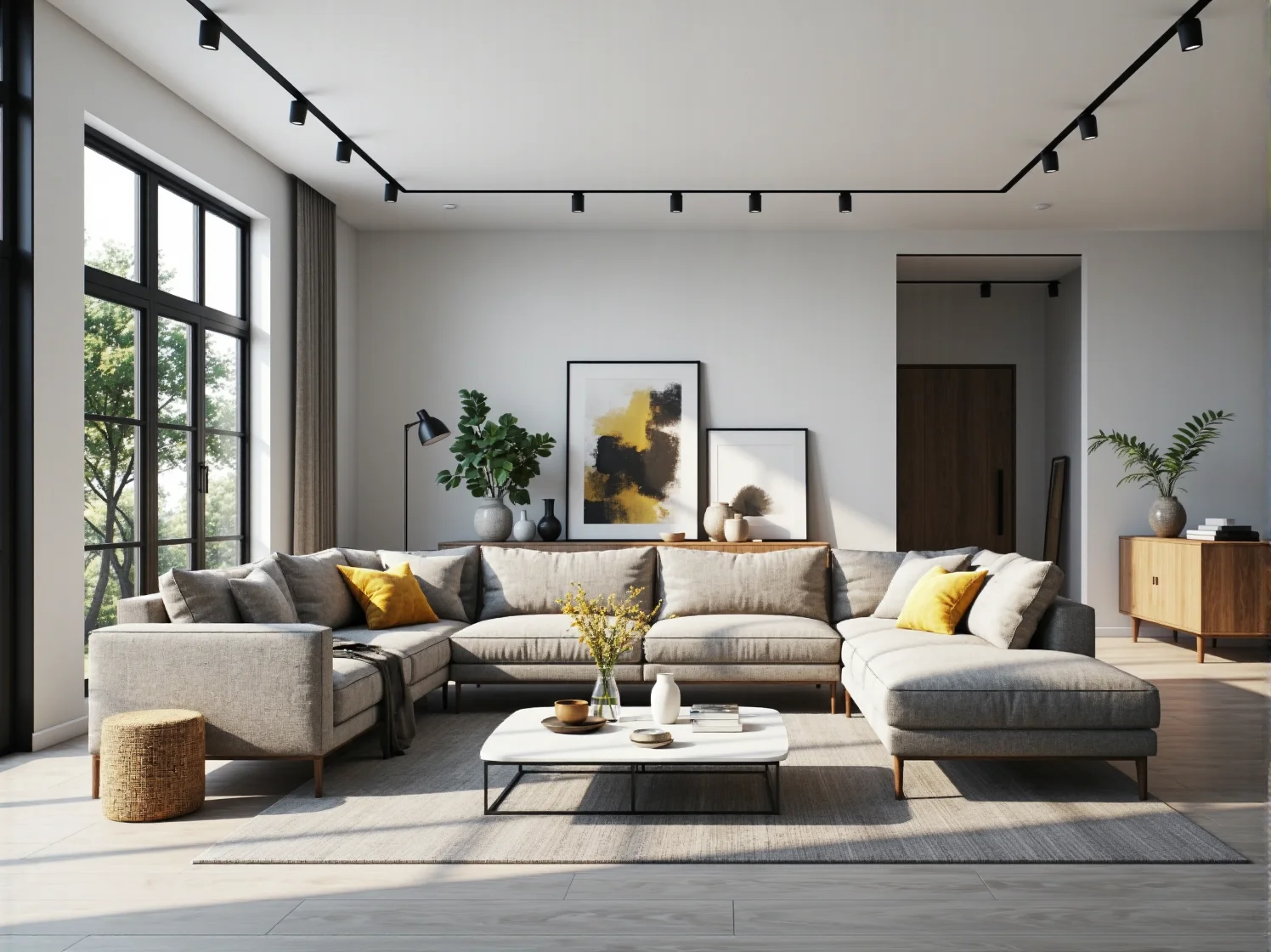 Duży narożnik jako centralny punkt strefy wypoczynkowej w jasnym, nowoczesnym salonie z dużymi oknami.