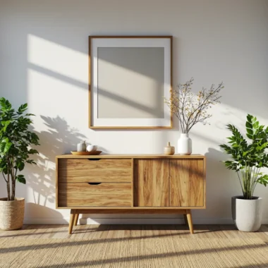 Niska komoda dąb craft z szufladami na drewnianych nóżkach