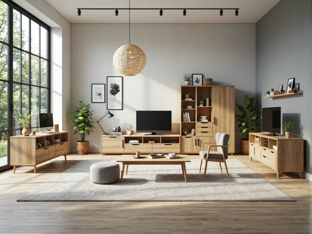 Zestaw mebli salonowych dąb naturalny z szafką RTV i regałem