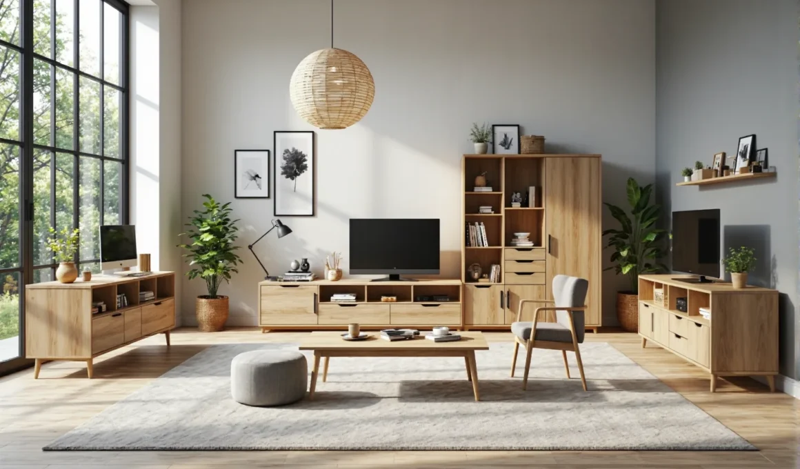 Zestaw mebli salonowych dąb naturalny z szafką RTV i regałem