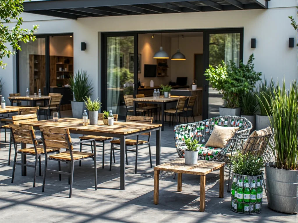 Zestaw mebli ogrodowych z drewna z recyklingu na metalowych nogach