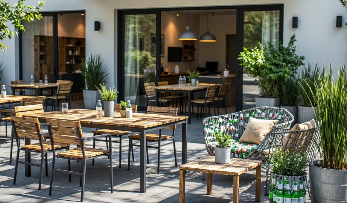 Zestaw mebli ogrodowych z drewna z recyklingu na metalowych nogach