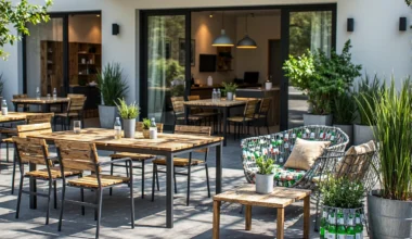 Zestaw mebli ogrodowych z drewna z recyklingu na metalowych nogach