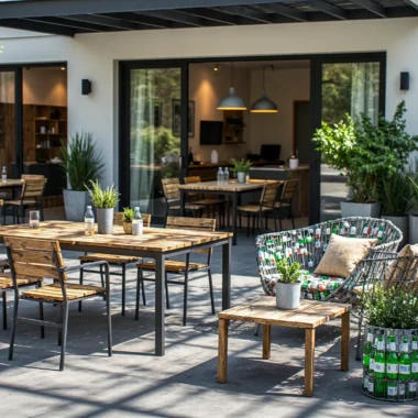 Zestaw mebli ogrodowych z drewna z recyklingu na metalowych nogach