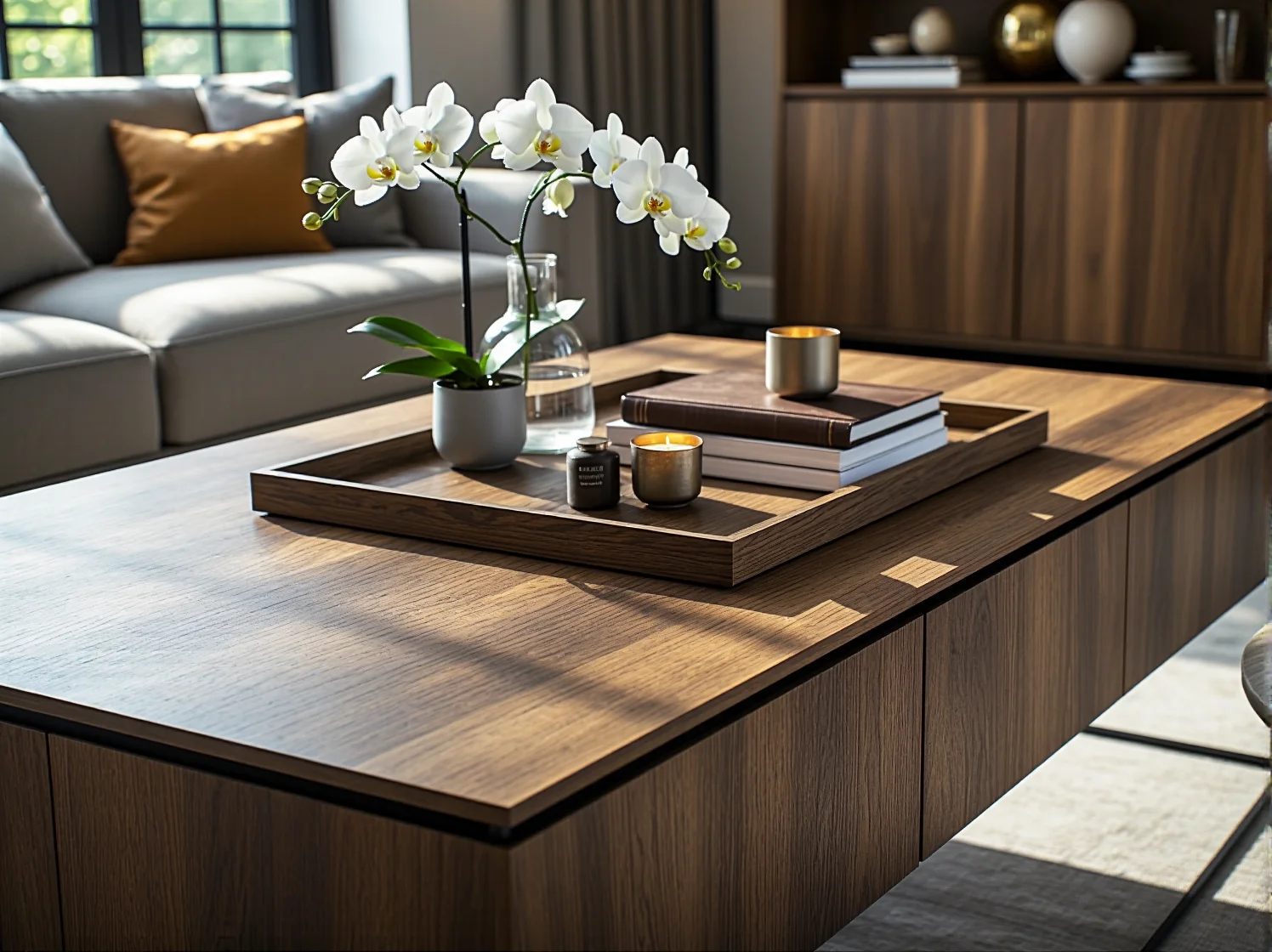 Stylowa komoda z naturalnego drewna w eleganckiej sypialni.