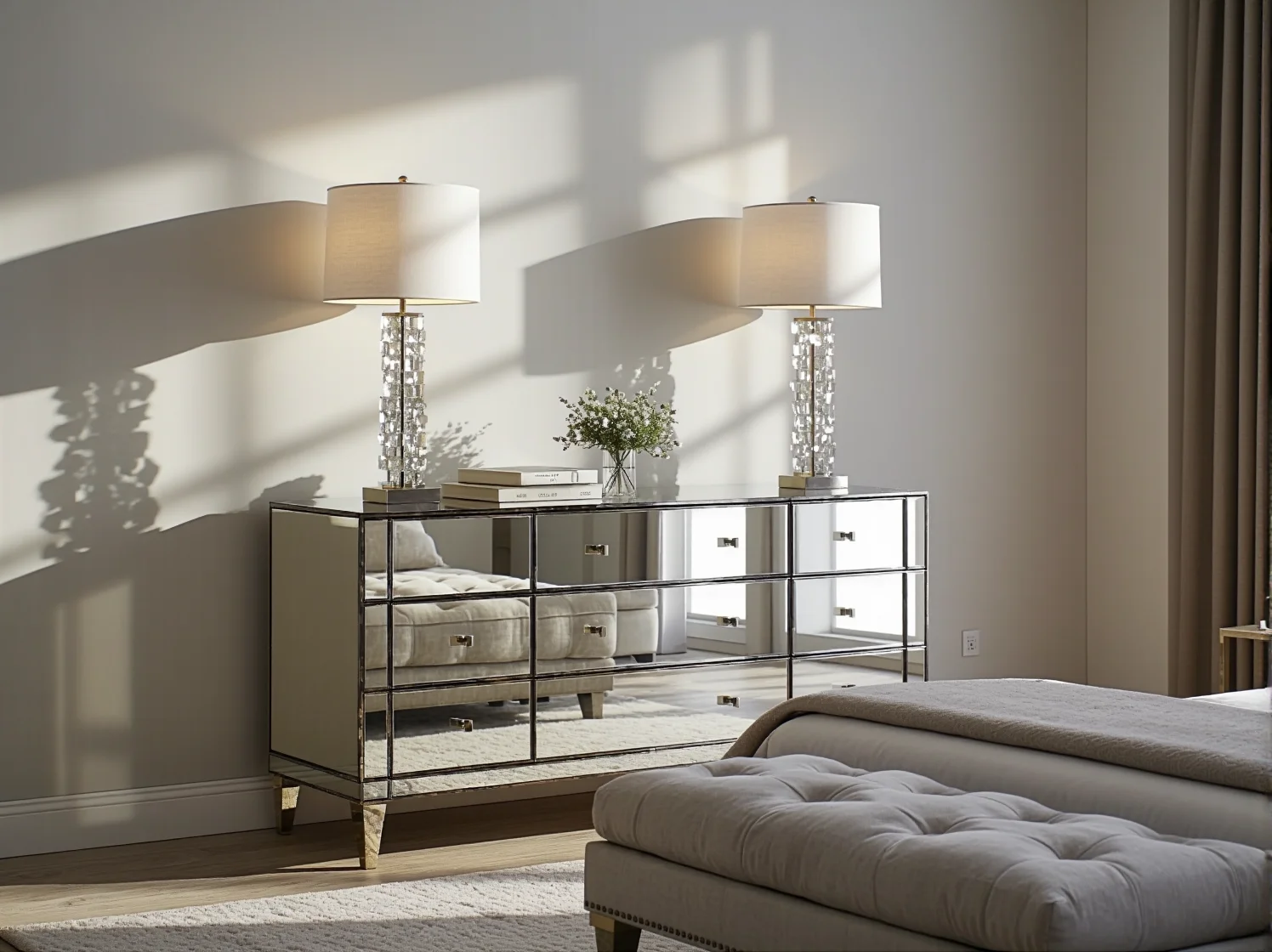 Aranżacja sypialni z luksusową, lustrzaną komodą, która optycznie powiększa wnętrze.