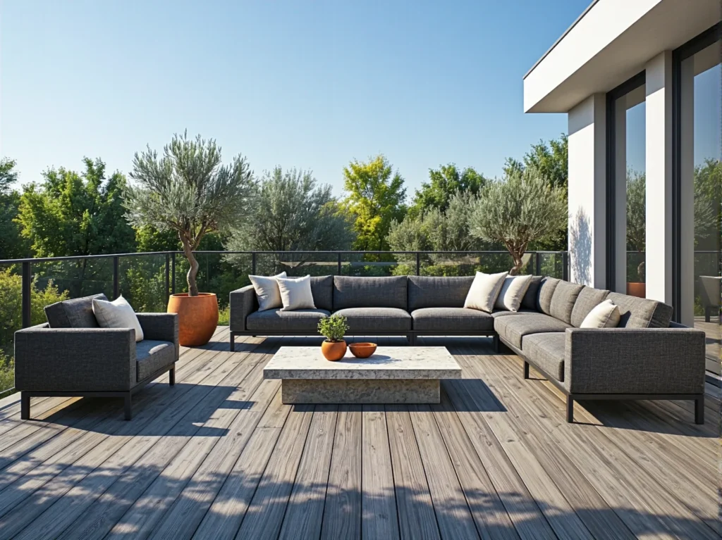 Narożna sofa ogrodowa grafitowa z fotelem i poduszkami dekoracyjnymi