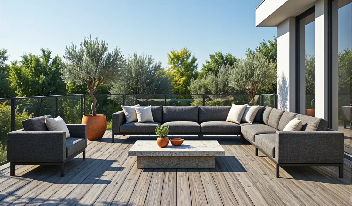 Narożna sofa ogrodowa grafitowa z fotelem i poduszkami dekoracyjnymi