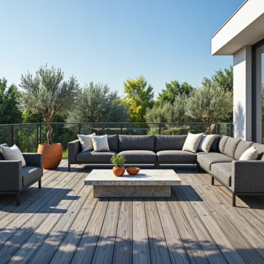 Narożna sofa ogrodowa grafitowa z fotelem i poduszkami dekoracyjnymi