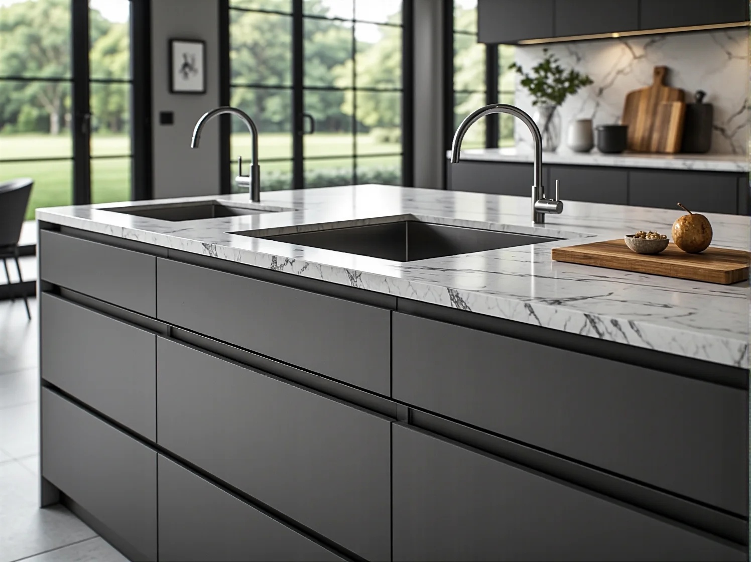 Elegancka kuchnia Quiet Luxury z marmurowymi blatami, wysokiej jakości materiałami i złotymi detalami.