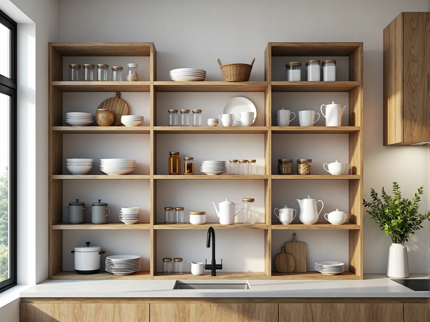 Otwarta kuchnia z funkcjonalną wyspą, dębowymi szafkami i stylowym oświetleniem nad blatem.