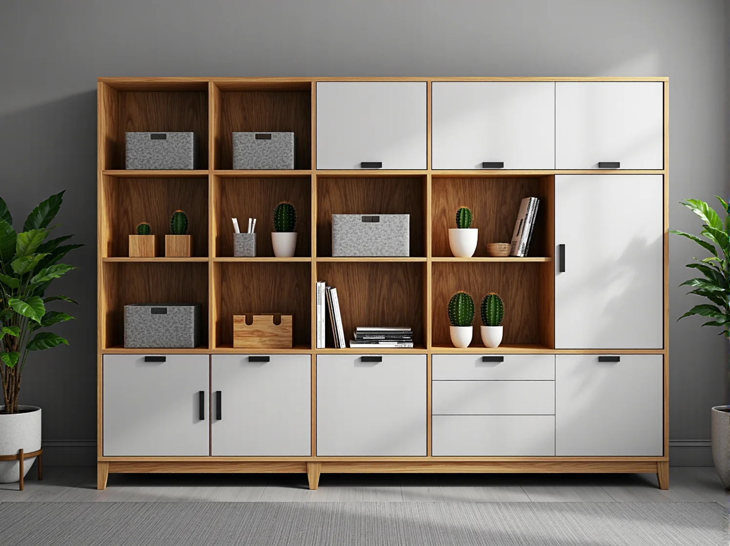 Funkcjonalne stanowisko pracy i regał w stylu skandynawskim do nowoczesnego biura.