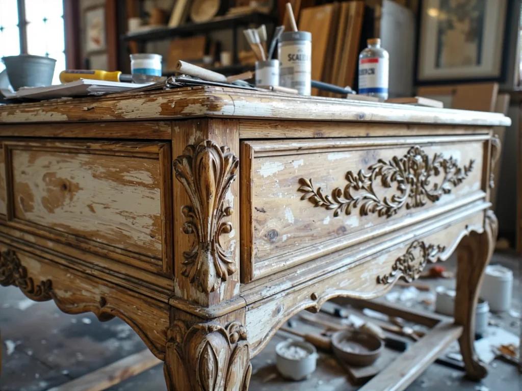 Stylowa komoda drewniana z rzeźbionymi zdobieniami w stylu vintage