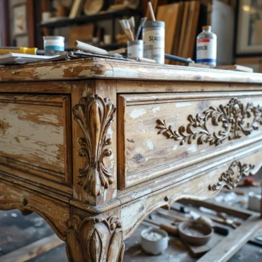 Stylowa komoda drewniana z rzeźbionymi zdobieniami w stylu vintage