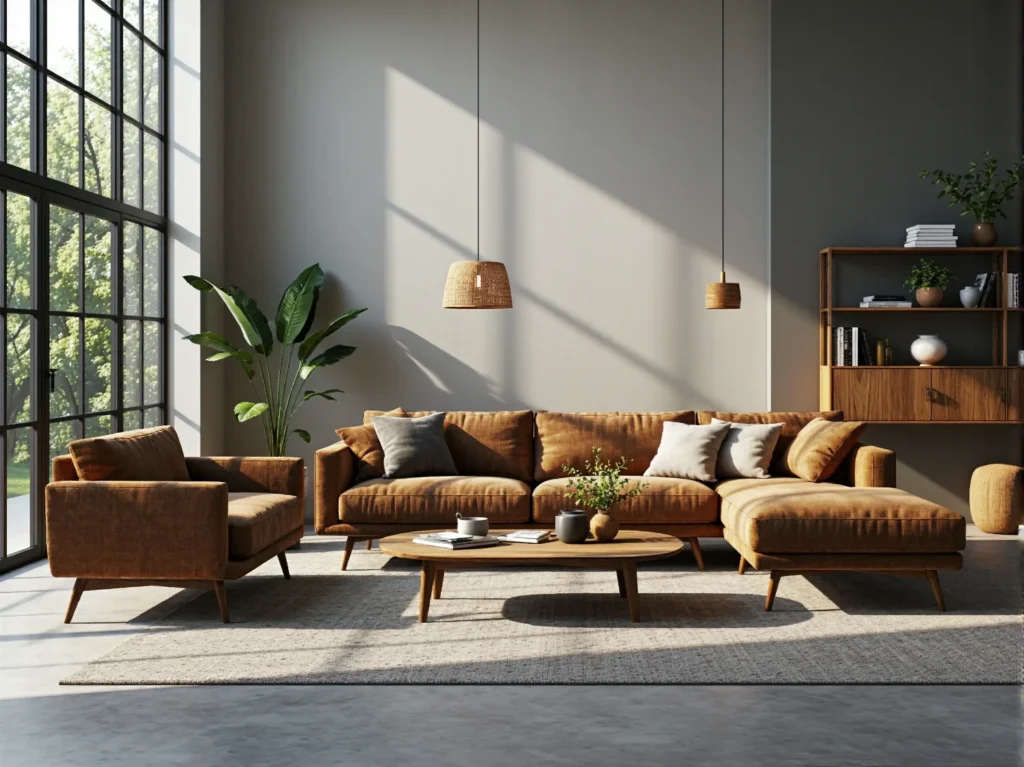 Narożna sofa retro w kolorze musztardowym na drewnianych nóżkach