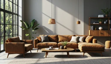 Narożna sofa retro w kolorze musztardowym na drewnianych nóżkach