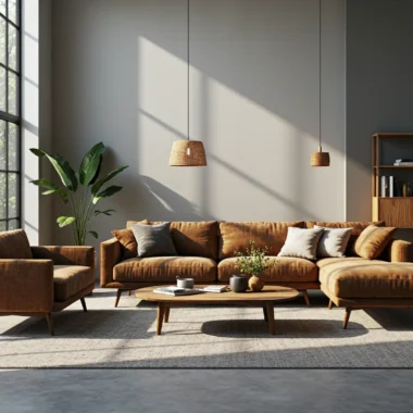 Narożna sofa retro w kolorze musztardowym na drewnianych nóżkach