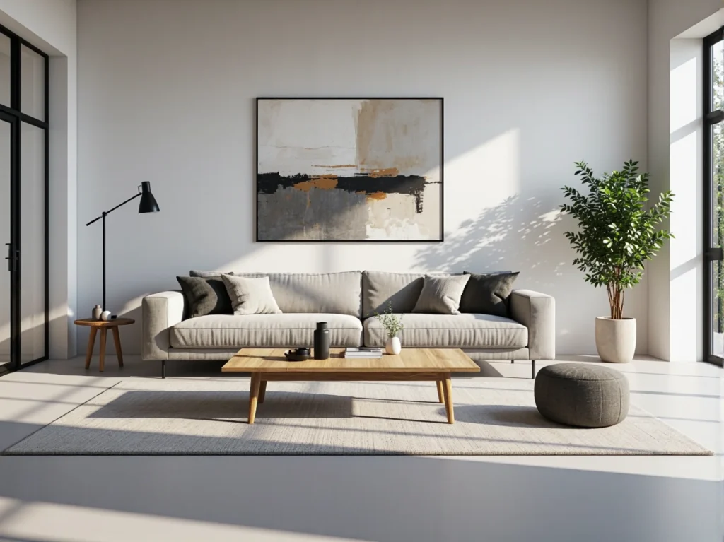 Nowoczesna sofa tapicerowana beżowa z szarymi poduszkami dekoracyjnymi