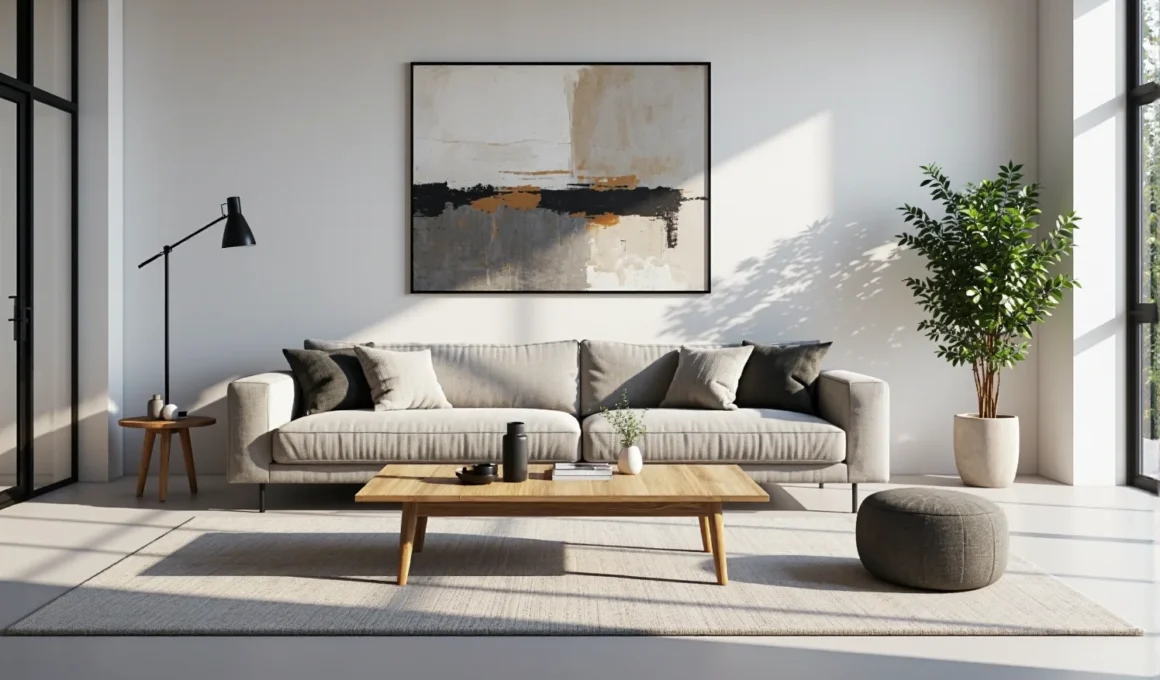 Nowoczesna sofa tapicerowana beżowa z szarymi poduszkami dekoracyjnymi