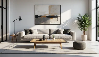 Nowoczesna sofa tapicerowana beżowa z szarymi poduszkami dekoracyjnymi