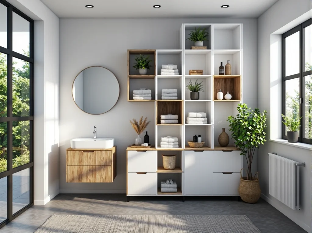 Białe regały modułowe łazienkowe z drewnianymi wstawkami i szufladami