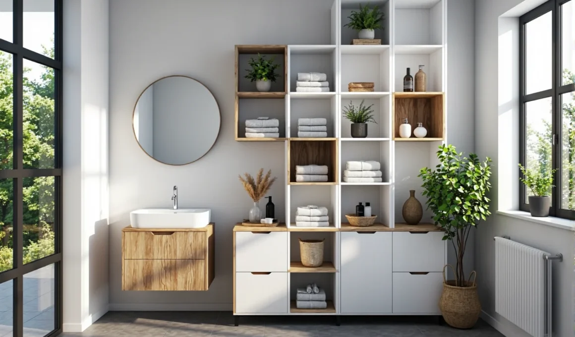 Białe regały modułowe łazienkowe z drewnianymi wstawkami i szufladami