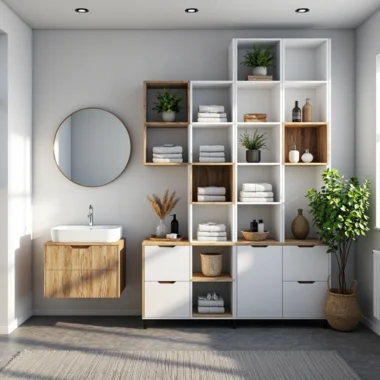 Białe regały modułowe łazienkowe z drewnianymi wstawkami i szufladami