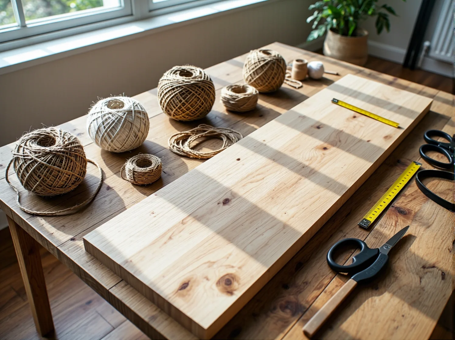 Krok po kroku: proces wiązania sznurka na drewnianej desce podczas tworzenia półki w stylu boho.